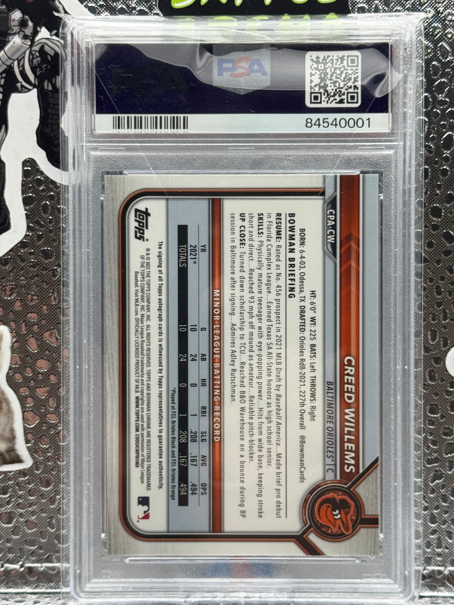 2022 Bowman Chrome 1st Creed Willems Blue Auto Refractor PSA 10 52/150
